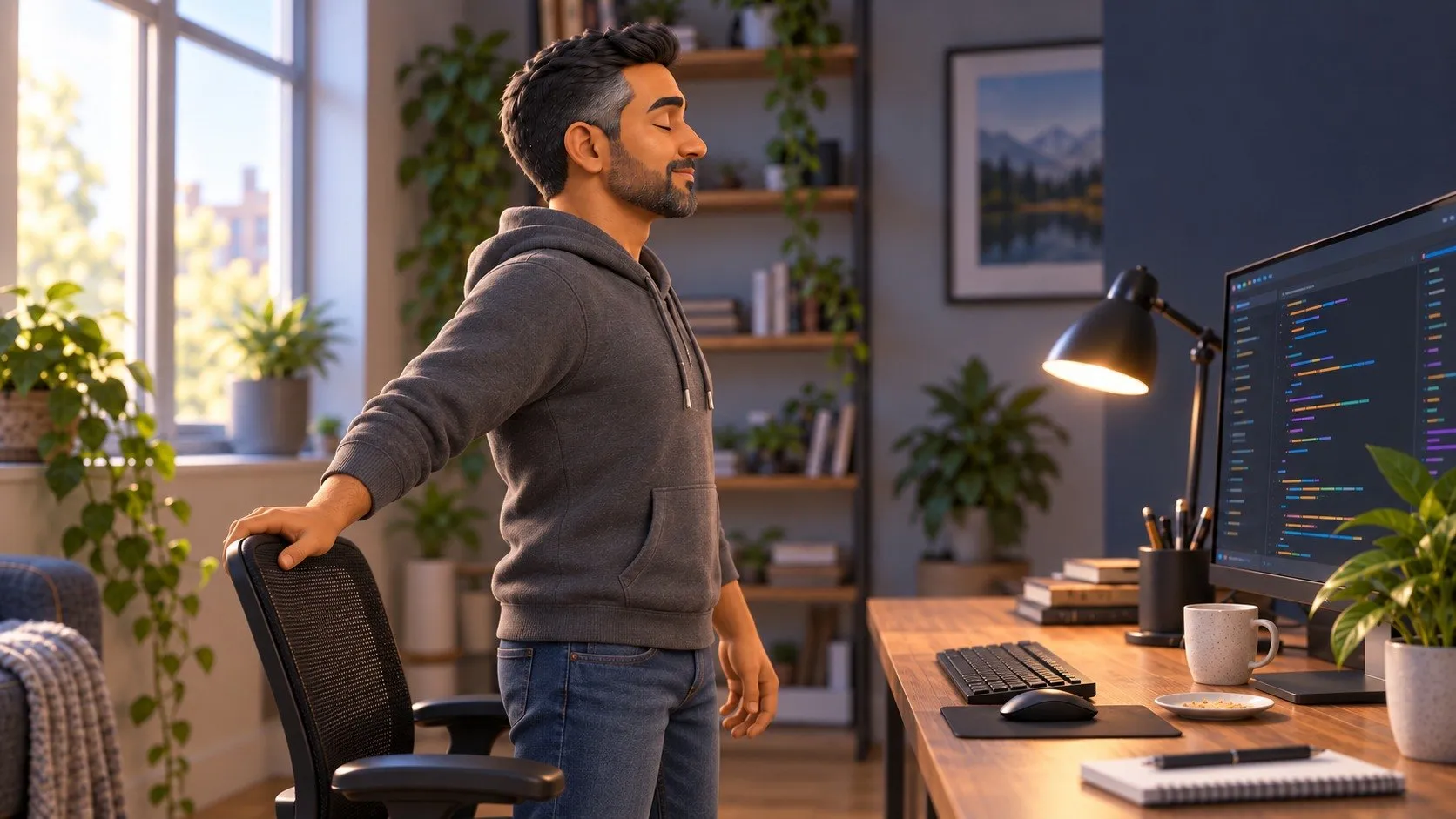 Raj stands beside his desk with his eyes closed, taking a long breath.